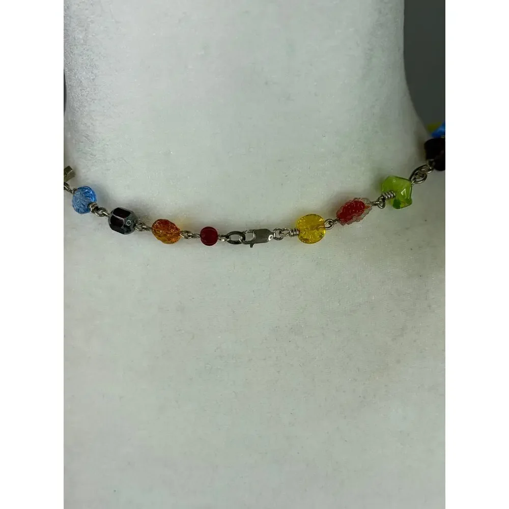 Art Glass Artisan Made Beaded Necklace on 925 Sterling 16in Colorful Whimsical